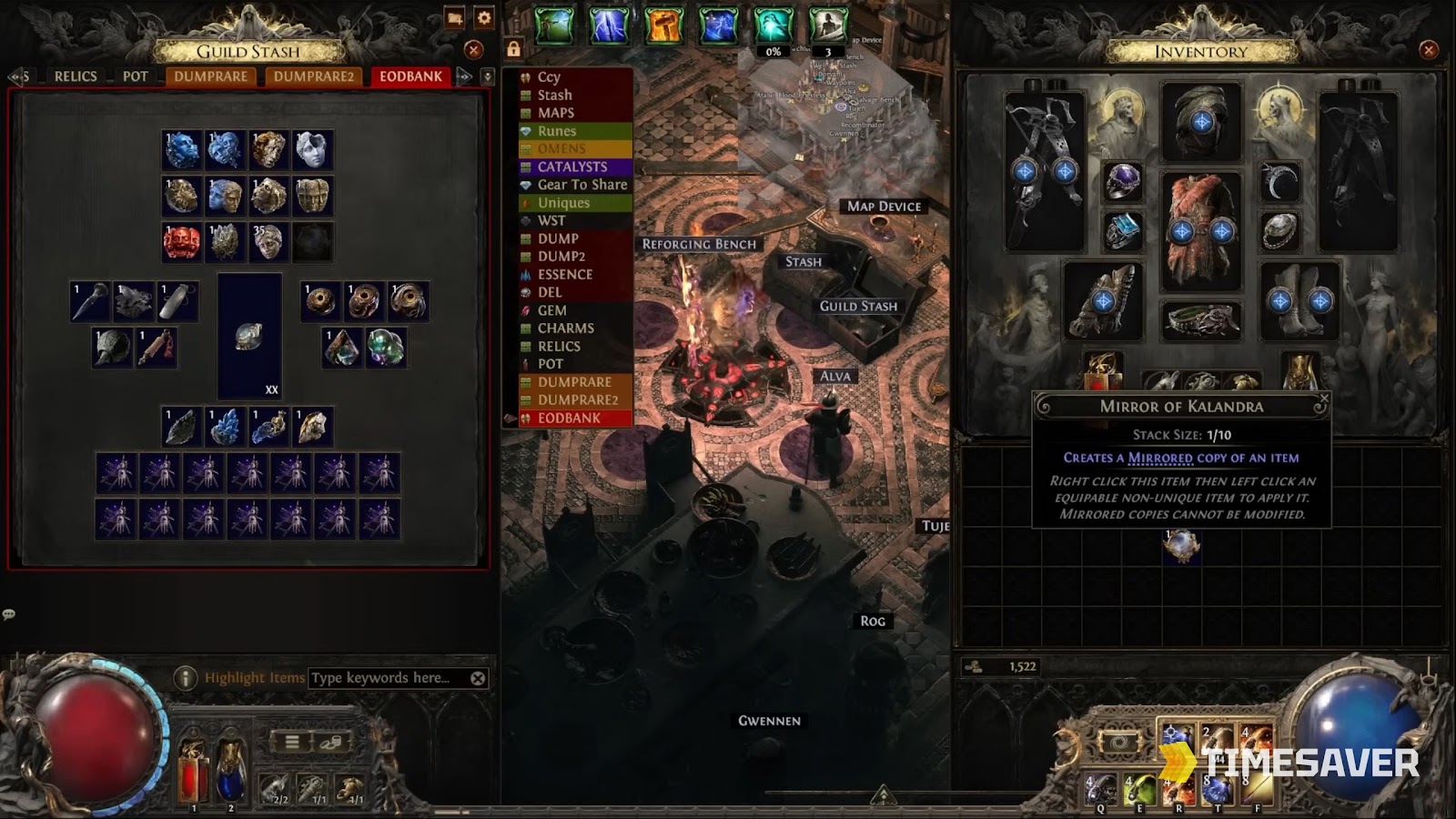 PoE2 inventory showing the Mirror of Kalandra item and its tooltip — 'Creates a Mirrored copy of an item', the most expensive item in the game this guide prices