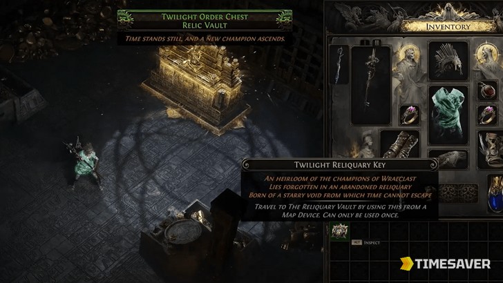 PoE2 Twilight Order Chest (Relic Vault) in-game beside the Twilight Reliquary Key item tooltip