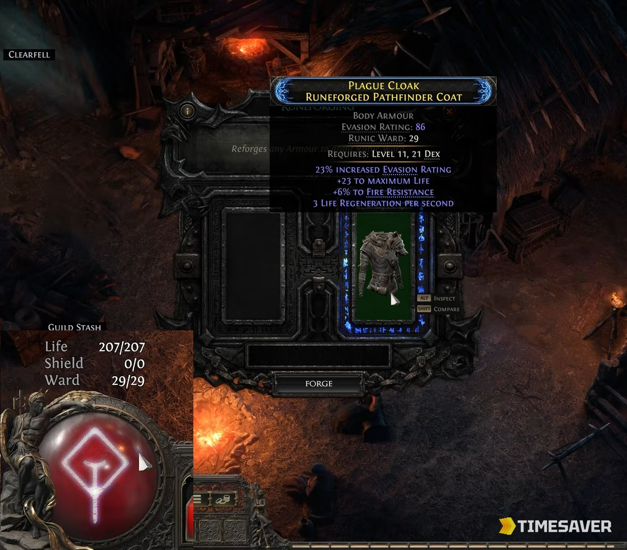 The Verisium Anvil runeforging interface showing a Runeforged Pathfinder Coat with Runic Ward in Path of Exile 2 0.5 Runes of Aldur