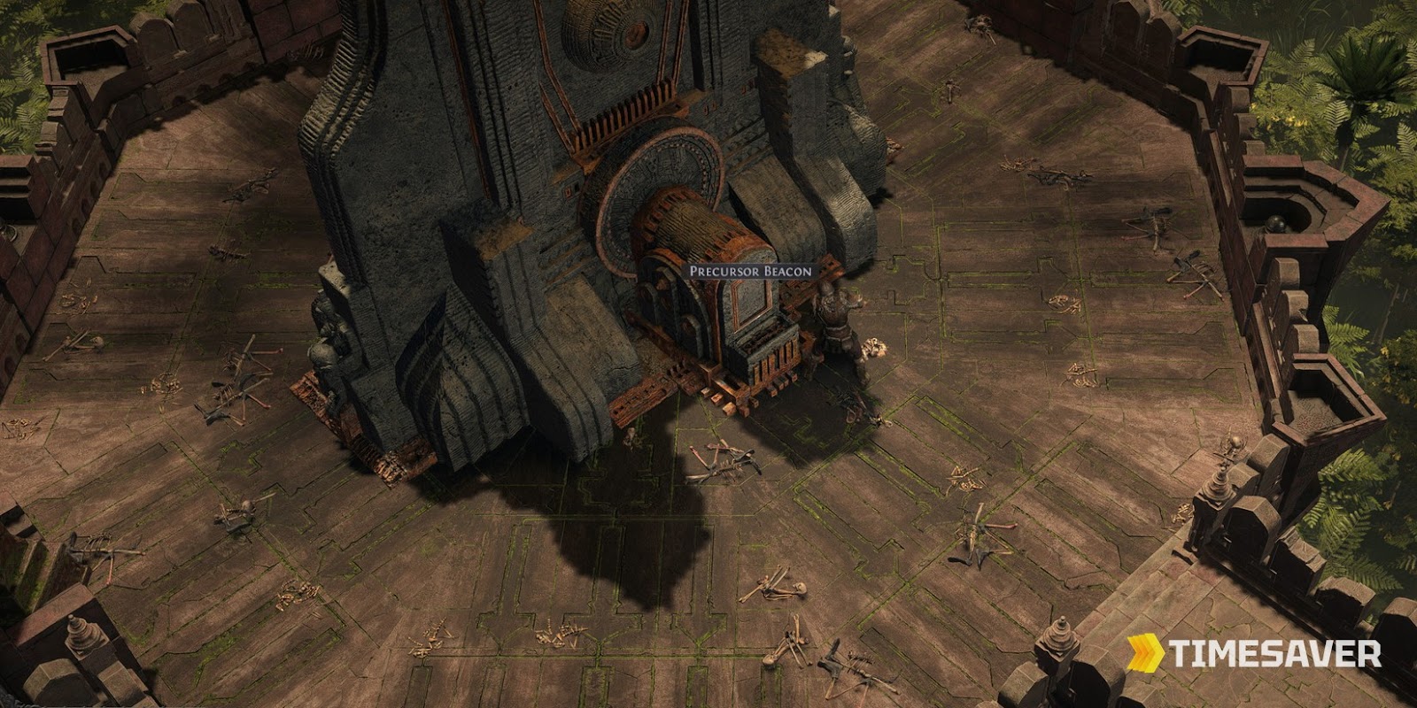Path of Exile 2 Lost Tower interior seen from above with the Precursor Beacon labeled at the centre, where you place Precursor Tablets onto the Atlas