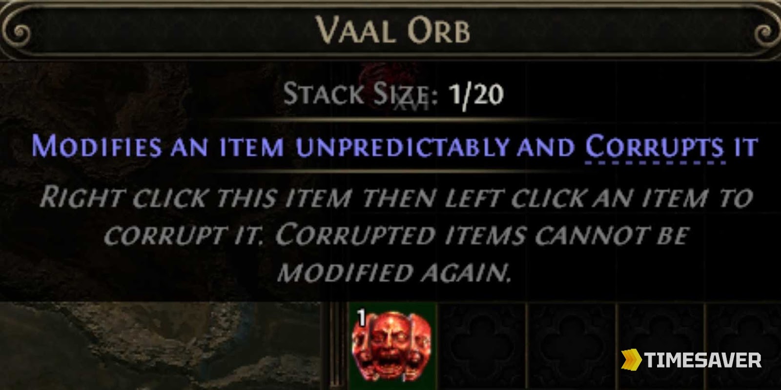 The Vaal Orb in-game tooltip in Path of Exile 2 — 'Modifies an item unpredictably and Corrupts it
