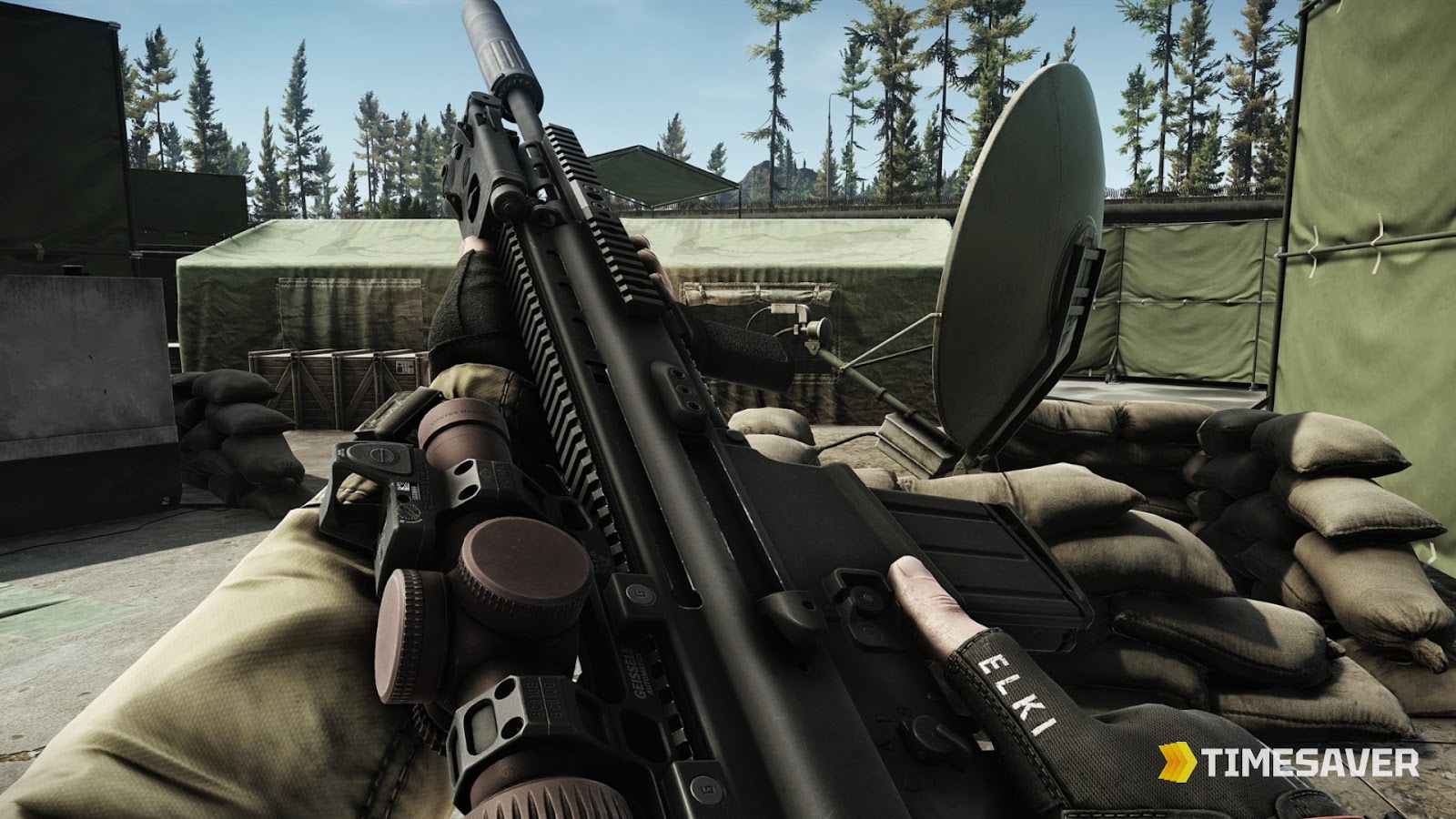 Escape from Tarkov first-person gameplay — PMC holding a sniper rifle at a military camp