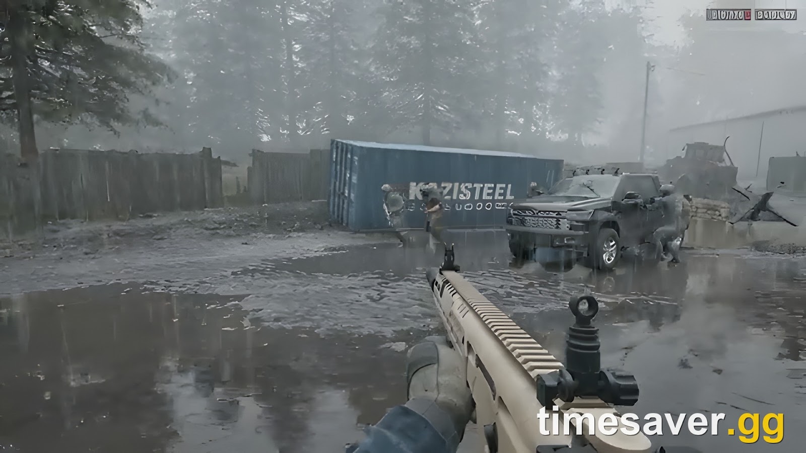 First-person WARDOGS gameplay in heavy rain with a tan assault rifle aimed at enemies by a shipping container, from BULKHEAD's official Season 02 trailer